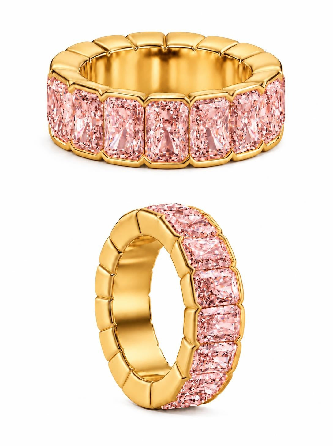 Digital rendering of a pink radiant-cut lab-grown diamond eternity band in 18k yellow gold, shown from top and side
