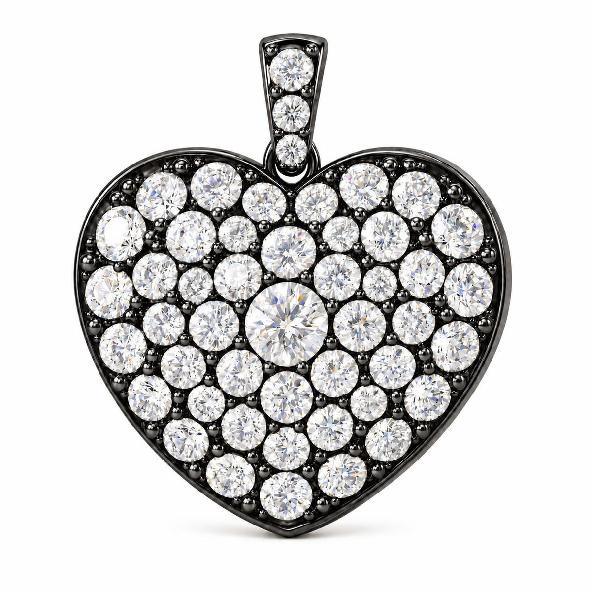 Front of pavé diamond heart pendant in blackened gold, including blackened bail