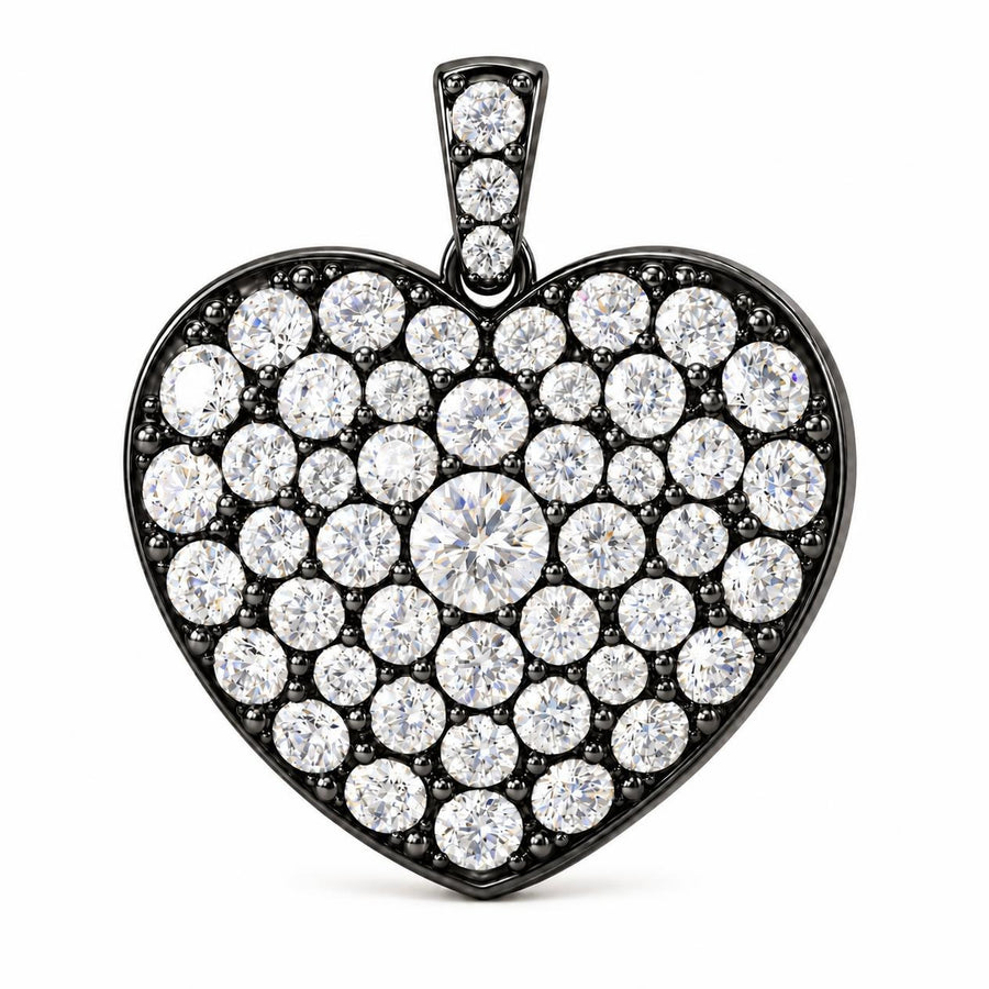 Front of pavé diamond heart pendant in blackened gold, including blackened bail