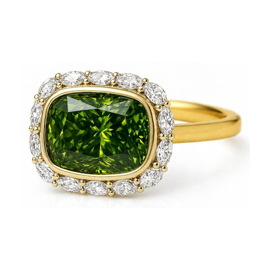 Green Lab-Grown Diamond Halo Ring in 14k Yellow Gold, digital rendering, view 1
