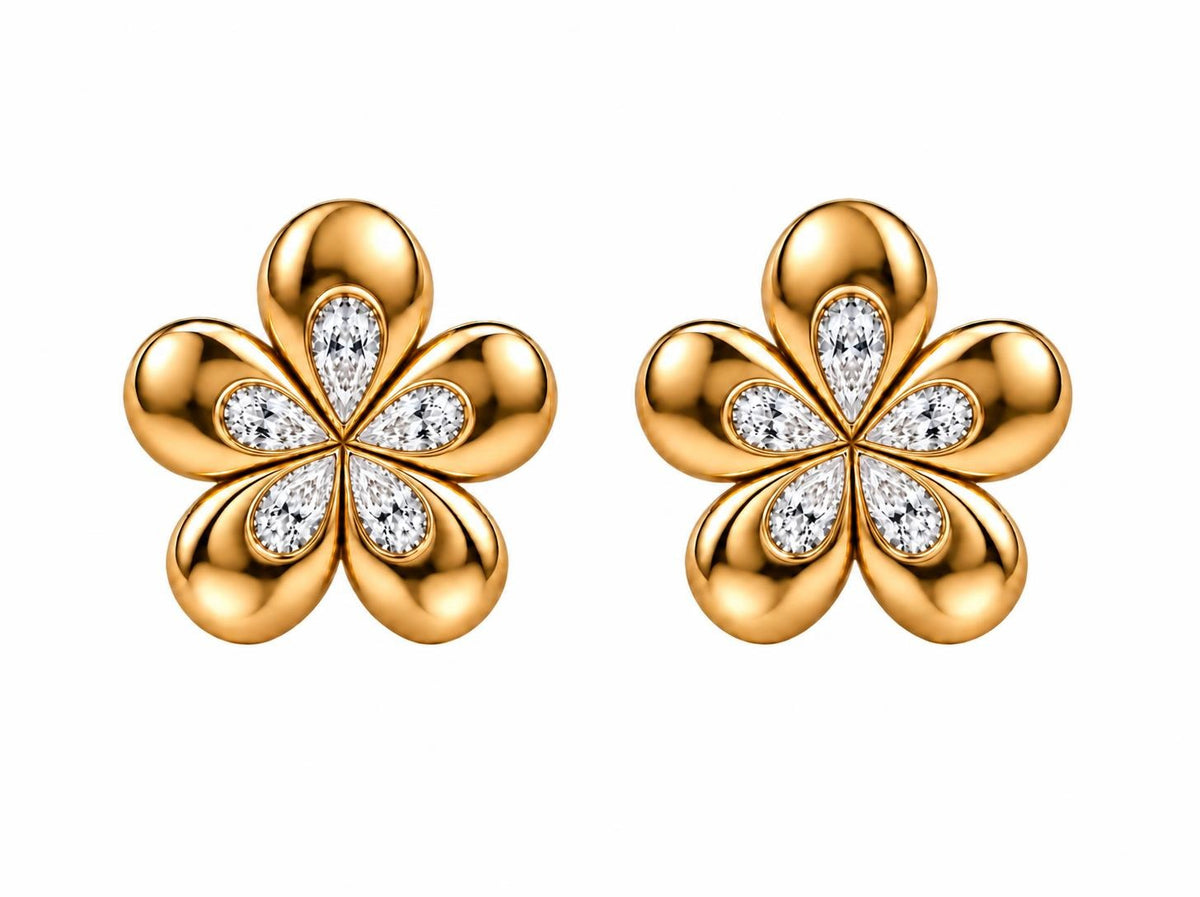Sculpted 14k yellow gold flower earrings with smaller pear-shaped lab-grown diamonds