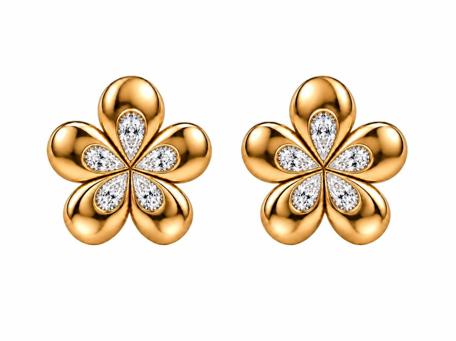 Sculpted 14k yellow gold flower earrings with smaller pear-shaped lab-grown diamonds