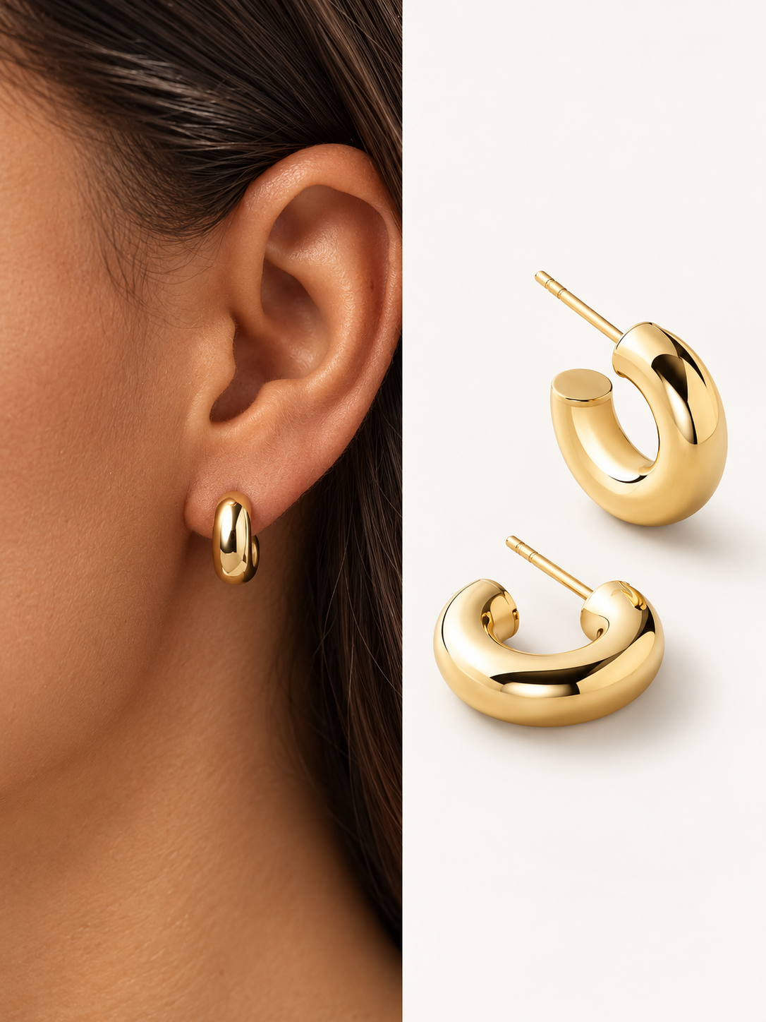 Polished 14k yellow gold hoop earrings shown on an ear and in close-up