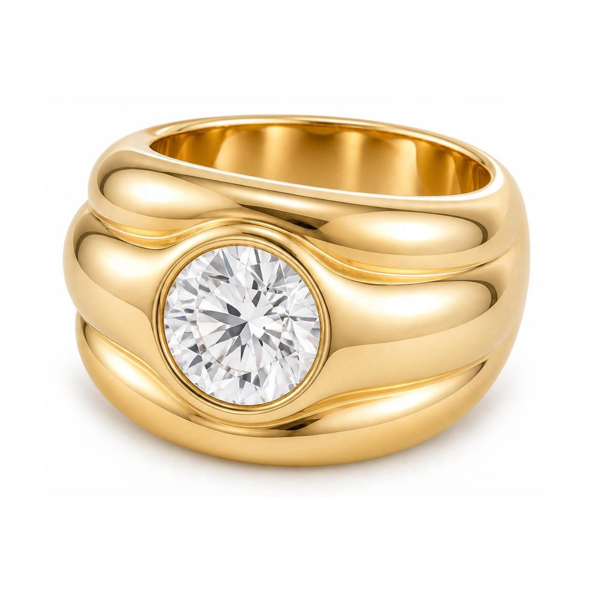 2.5-carat round diamond bezel ring in sculpted 14k yellow gold