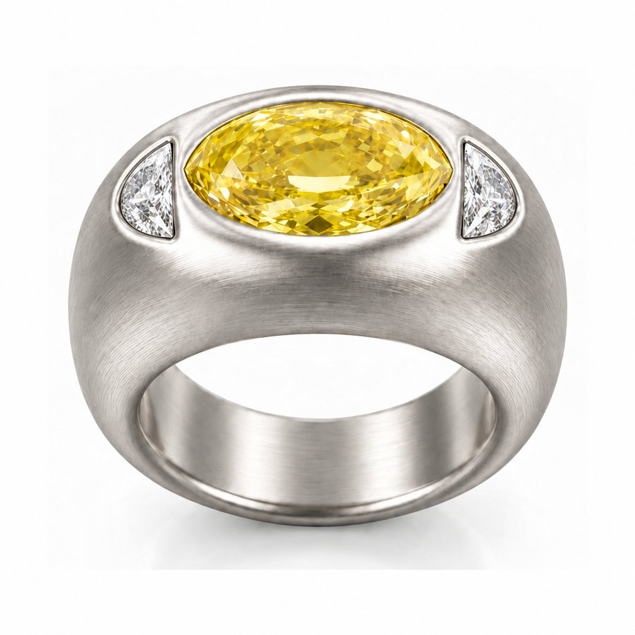 3-carat oval yellow diamond ring in platinum with half-circle diamond side stones