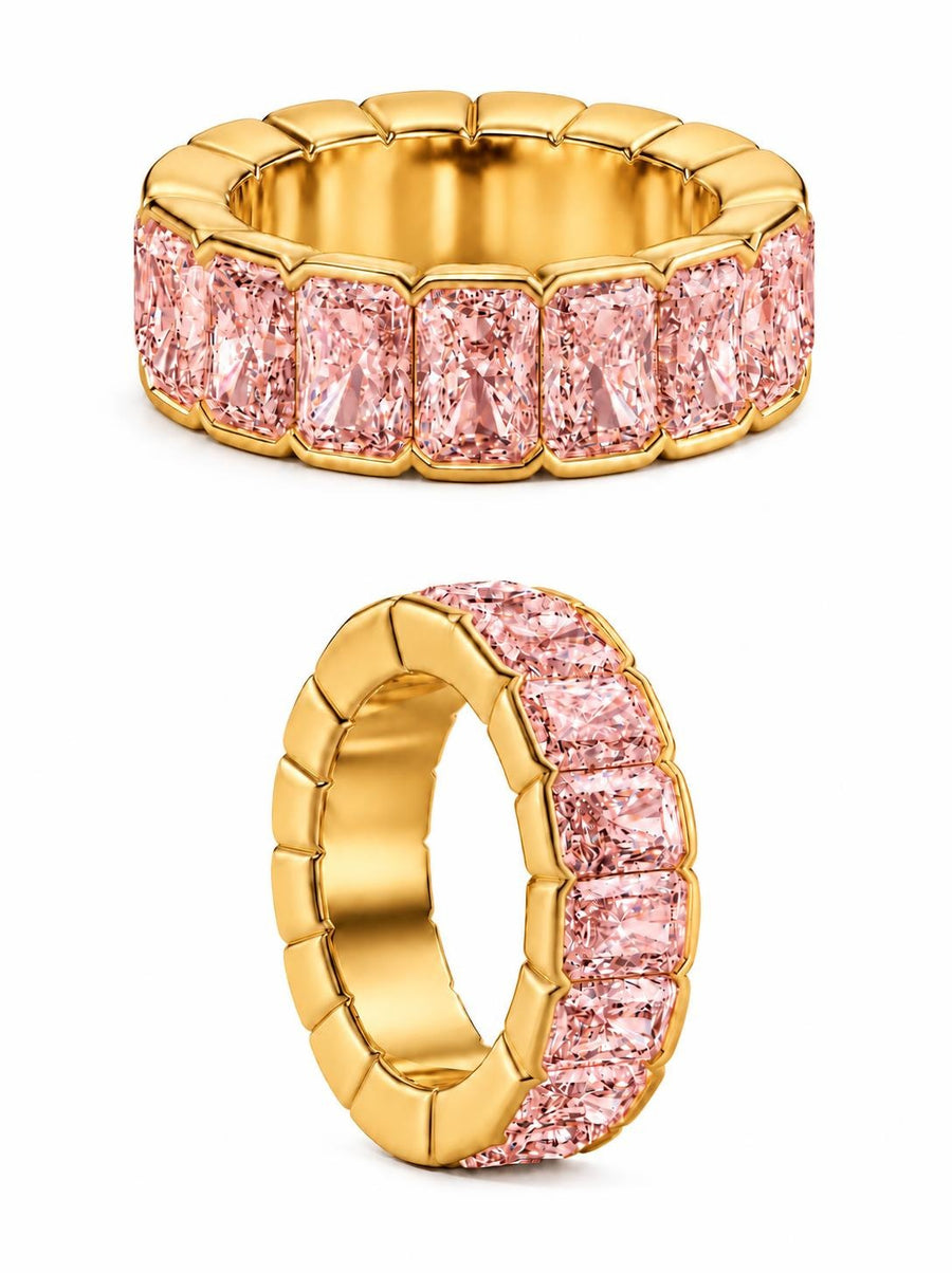 Digital rendering of a pink radiant-cut lab-grown diamond eternity band in 18k yellow gold, shown from top and side