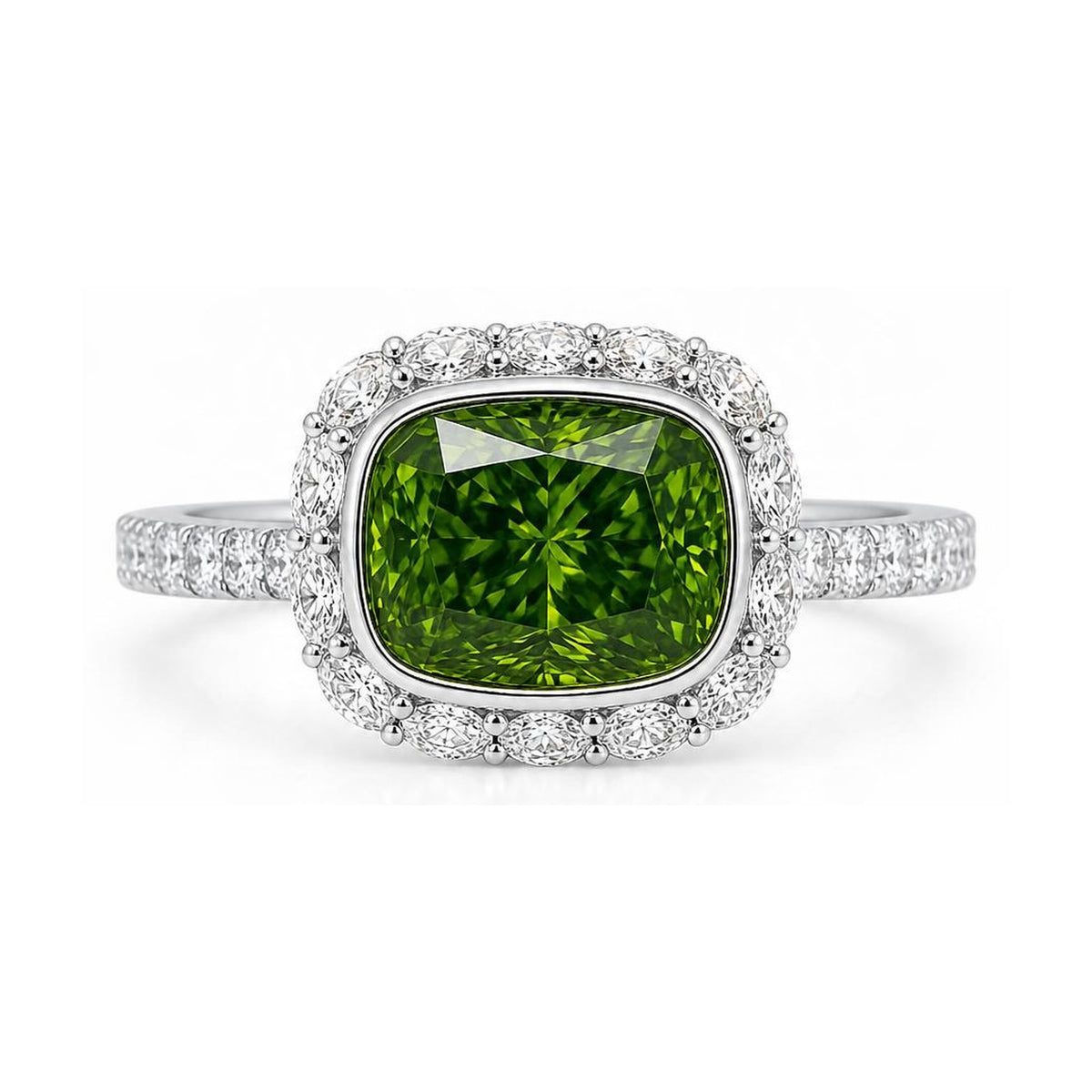 Green Lab-Grown Diamond Halo Ring in Platinum, digital rendering, view 1