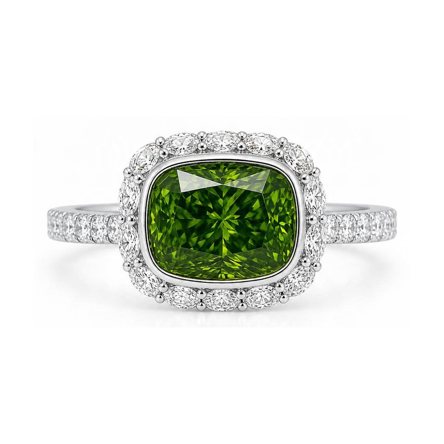 Green Lab-Grown Diamond Halo Ring in Platinum, digital rendering, view 1