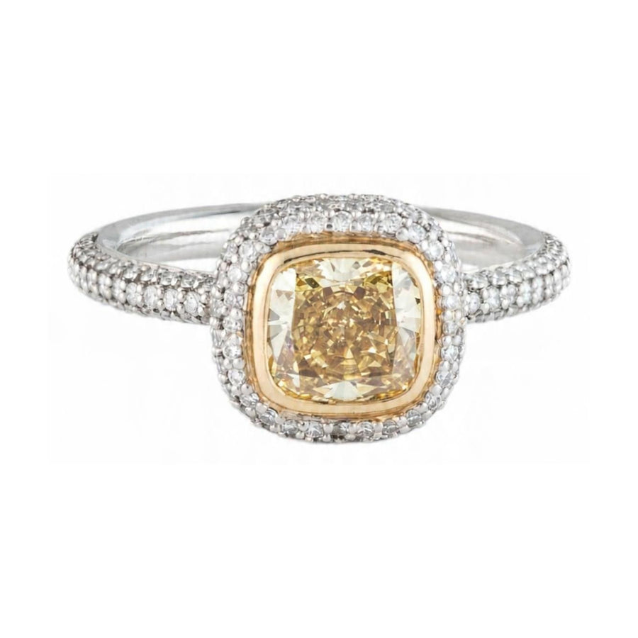 2-Carat Yellow Lab-Grown Diamond Halo Ring in Platinum, digital rendering, view 1